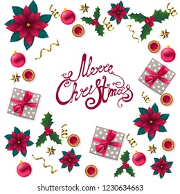 merry Christmas card with realistic festive elements, gift, red flowers poinsettia, Holly, serpentine on white background vector