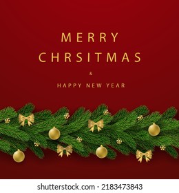 Merry Christmas card red background. Garland 3D green branch holiday elegant text invitation. Hanging decor. Pine tree, gold bow tie, golden bauble, confetti snowflakes decoration. Vector illustration