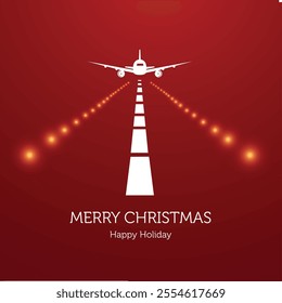 Merry Christmas card in red background, holiday concept with air plane vector illustration