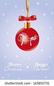 merry christmas card with red ball and horse 