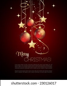 Merry Christmas card with red bauble . Vector illustration.