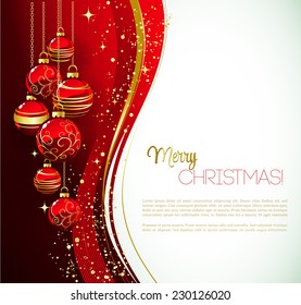 Merry Christmas card with red bauble . Vector illustration.