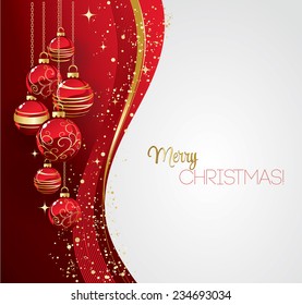 Merry Christmas card with red bauble . Vector illustration.