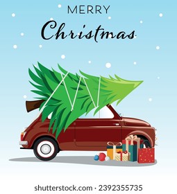  Merry christmas card with red  holiday car and tree on the roof