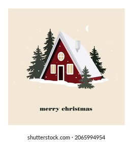 Merry Christmas card with red house and Christmas trees. Winter comfort