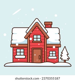 Merry Christmas card with red house and Christmas tree. Winter comfort