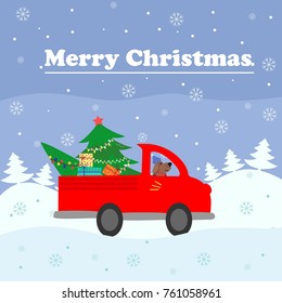 Merry Christmas card. Red a large vehicle delivers a Christmas tree to decorate the house. Colorful vector illustration for the winter holidays. You can use for small and medium enterprises Christmas 