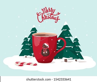 Merry Christmas Card. Red Mug with Hot Chocolate Cocoa, christmas tree, bear. Perfect for banner, greeting card, apparel and label design. Vector illustration