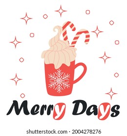 Merry Christmas Card. Red Mug with Hot Chocolate Cocoa, greeting card, apparel and label design.