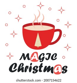 Merry Christmas Card. Red Mug with Hot Chocolate Cocoa, greeting card, apparel and label design.