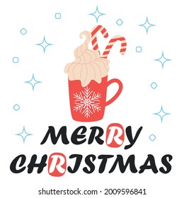 Frohe Weihnachtskarte. Red Mug mit Hot Chocolate Kakao, Grußkarte, Bekleidung und Label Design.