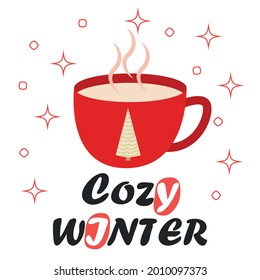 Merry Christmas Card. Red Mug with Hot Chocolate Cocoa, greeting card, apparel and label design.