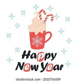 Merry Christmas Card. Red Mug with Hot Chocolate Cocoa, greeting card, apparel and label design. Happy New Year lettering