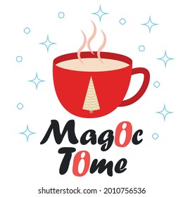 Merry Christmas Card. Red Mug with Hot Chocolate Cocoa, greeting card, apparel and label design.