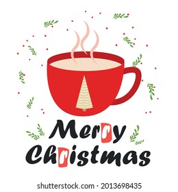 Merry Christmas Card. Red Mug with Hot Chocolate Cocoa, greeting card, apparel and label design.