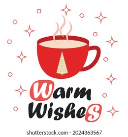 Merry Christmas Card. Red Mug with Hot Chocolate Cocoa, greeting card, apparel and label design.