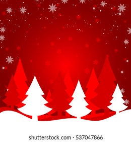 Merry Christmas card with red winter landscape