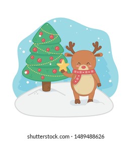 merry merry christmas card with reindeer and pine