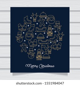 merry christmas card with reindeer santa snowman sled gingerbread . vector illustration
