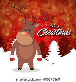 merry christmas card reindeer stand with red backgraound