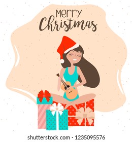 Merry Christmas card with relaxing girl on the beach, playing the ukulele. Editable vector illustration