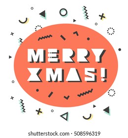 Merry Christmas card in retro 80s-90s style. Memphis trendy art. Vector illustration.