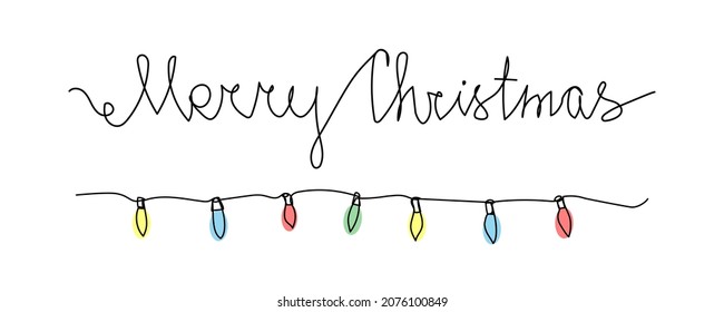 Merry Christmas card with retro electric garland one line art. Continuous line drawing of new year holidays, christmas, illumination, colored lighting, celebration, decoration.