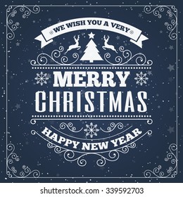 Merry Christmas card with retro style label on snow background