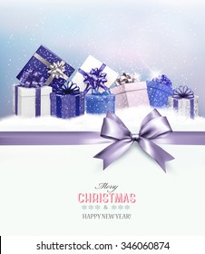 Merry Christmas card with a ribbon and gift boxes. Vector.