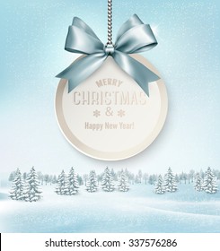 Merry Christmas card with a ribbon and winter landscape. Vector.