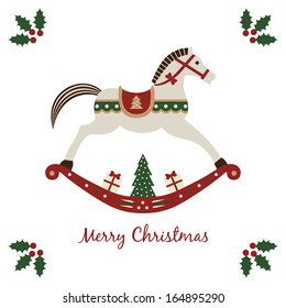 Merry Christmas card with rocking horse, symbol of a New Year. Vector illustration isolated on white background.