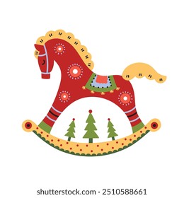 Merry Christmas card with rocking horse, symbol of a New Year. Vector illustration isolated on a transparent background.