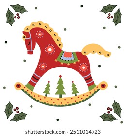 Merry Christmas card with rocking horse, symbol of a New Year. Vector illustration isolated on a transparent background.