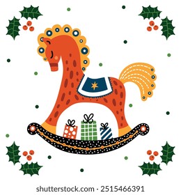 Merry Christmas card with rocking horse, symbol of a New Year. Vector illustration isolated on a transparent background.  interior poster.