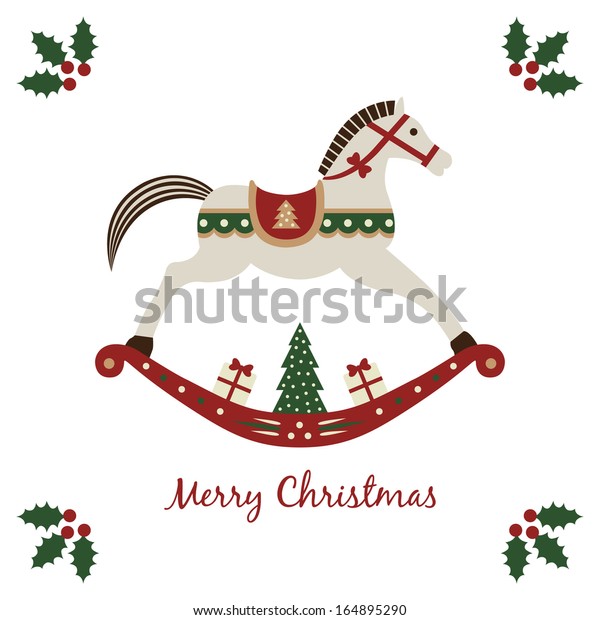 Merry\
Christmas card with rocking horse, symbol of a New Year. Vector\
illustration isolated on white\
background.