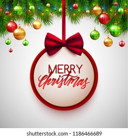 Merry Christmas card, round banner, red bow and pine leaves decorated with lights, vector illustration