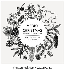 Merry Christmas card. Round wreath with evergreen plants, conifers, and cones drawing. Winter design with hand-drawn botanical illustrations. Christmas vintage background. New Year invitation template