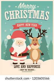 Merry Christmas card with Santa Claus and reindeer on winter background, vector illustration
