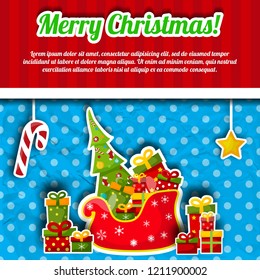 Merry christmas card with santa claus sleigh full of presents flat vector illustration