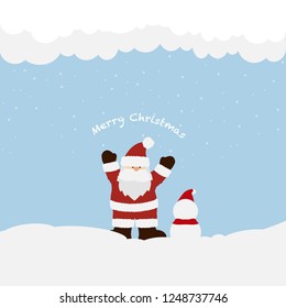 Merry Christmas card with Santa claus and snowman standing in the snow. Vector illustration.