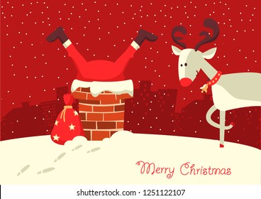 Merry Christmas card. Santa Claus stuck in the chimney in the Christmas night.