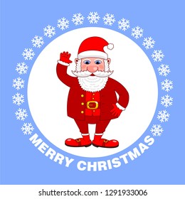 Merry Christmas card with Santa Claus. Snowflakes and the inscription Merry Christmas on a blue background. Holiday greeting card