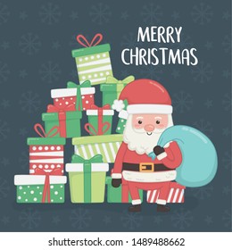 merry merry christmas card with santa claus and gifts