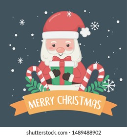 merry merry christmas card with santa claus and sweet cane