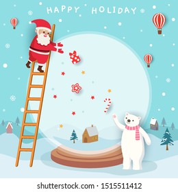 Merry Christmas card with santa claus and polar bear on snow globe frame.