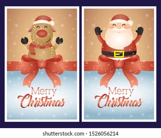 merry christmas card with santa claus and reindeer characters vector illustration design