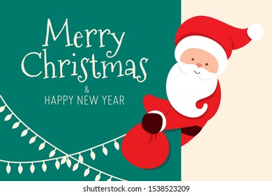 Merry Christmas card with Santa Claus peeking and holding presents bag. Cartoon character of a man with beard. Vector illustration