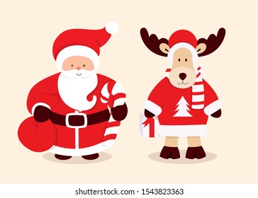 Merry Christmas card with Santa Claus and deer, sugar cane and presents bag. Cartoon character of a man with beard. Vector illustration