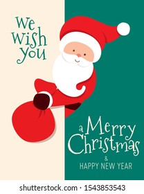 Merry Christmas card with Santa Claus peeking and holding presents bag. Cartoon character of a man with beard. Vector illustration