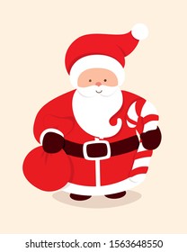 Merry Christmas card with Santa Claus, sugar cane and presents bag. Cartoon character of a man with beard. Vector illustration